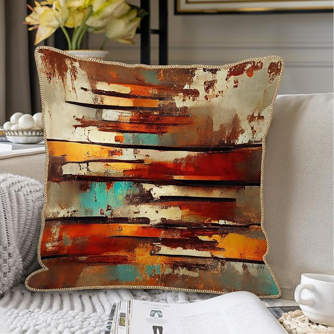 Burnt Orange Teal Rust Soft Velvet Throw Pillow Covers Set of 2 Abstract Vintage Metalic Copper Pillow Covers 18x18 Inch Retro Colorful Pillow Case For Sofa Couch Living Room Farmhouse Home Decor
