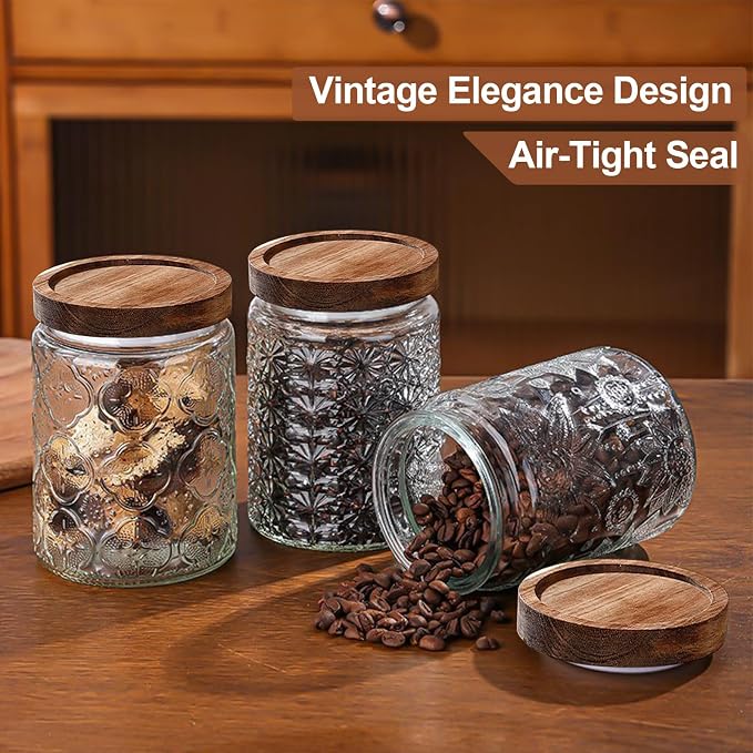 24 OZ Vintage Glass Jar with Lid, Airtight Food Storage Canisters with Bamboo for Kitchen Counter Pantry, Ideal for Coffee, Candy, Tea, Oats, Sugar, Cookies Decorative Jars-Sunflower
