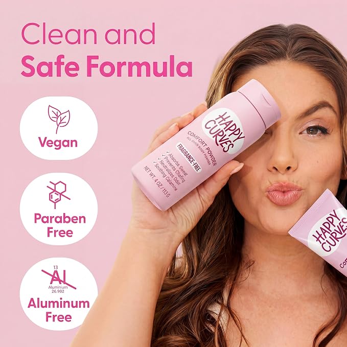 HAPPY CURVES Comfort Powder: Talc Free Anti Chafe Body & Foot Dusting Powder Deodorant to Control Inner Thigh Chafing, Private Areas, and All Over Body for Women (4 Ounce (Pack of 1), Fragrance-Free)