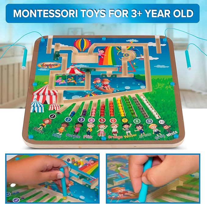 Magnetic Montessori Toys for 3 Year Old - Magnet Board for Kids, Magnetic Maze for Kids Ages 3-5, Color and Number Maze, Puzzles for Toddlers, Magnet Mazes for Toddler, Learning Activity, Carnival