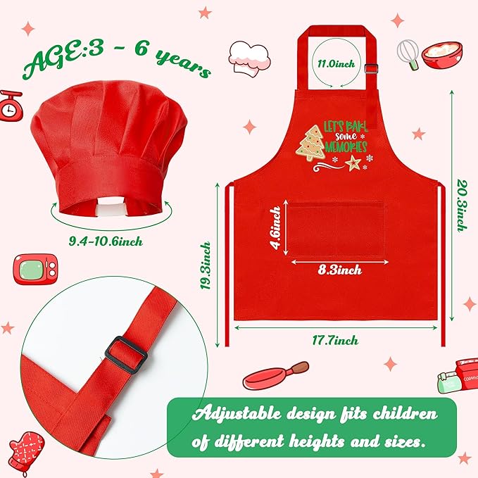 R HORSE Christmas Kid Apron and Chef Hat Set, 2Pcs Adjustable Children Xmas Red Kitchen Apron Dress up Role Play Chef Toy Cooking Baking Painting and Training Kits Christmas Gift for Kids