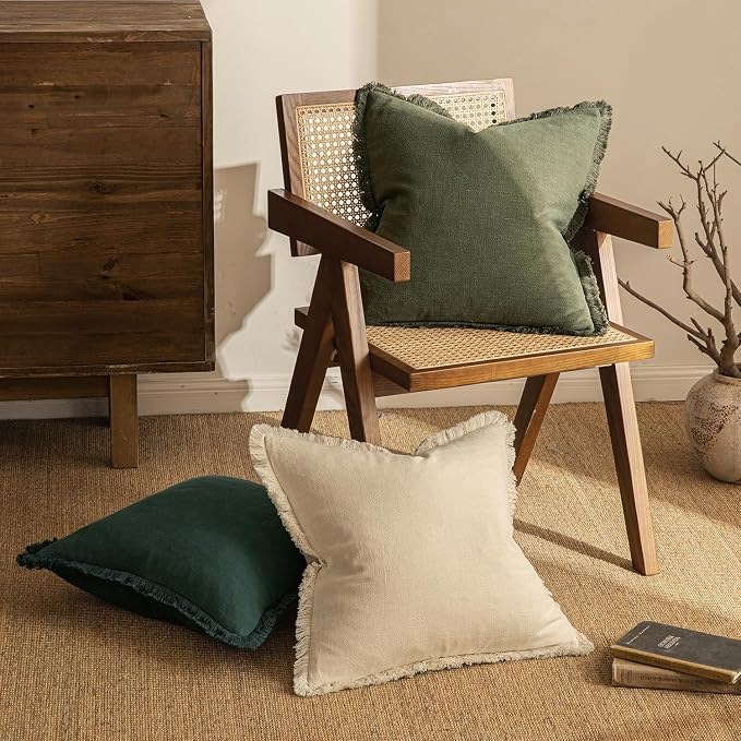 MIULEE Linen Fringe Decorative Euro Throw Pillow Covers Olive Green 26x26 | Set of 2, Cottagecore Decor, Boho Farmhouse Neutral Pillow Covers, Rustic Couch Cushion Cases for Sofa Bed Living Room