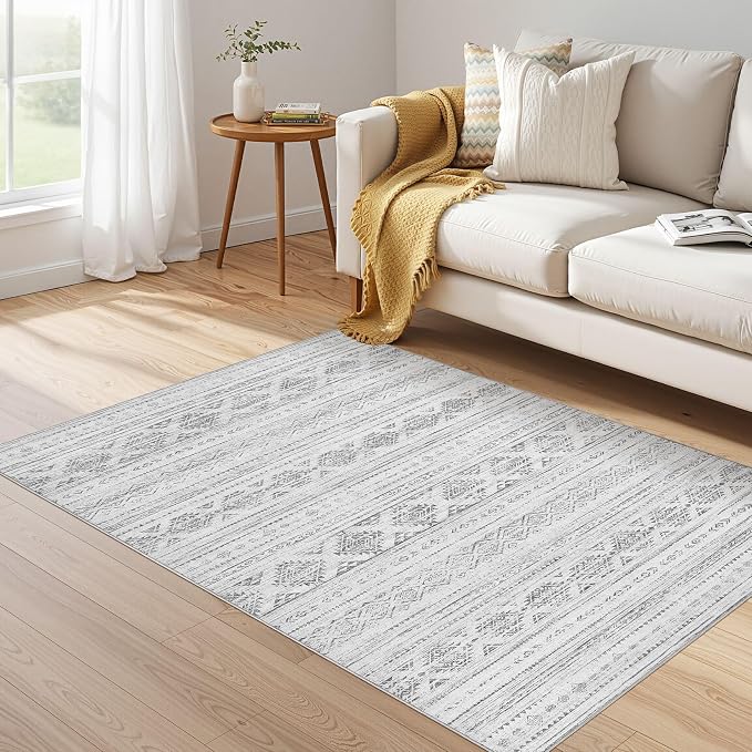 Nakagishi Boho 4x6 Area Rug Living Room Rugs Machine Washable Dark Gray | Soft, Pet & Kid Friendly, Carpet for Living Room/Bedroom/Office/Kitchen/Nursery, Daily Home Decor Stain Resistant Moroccan