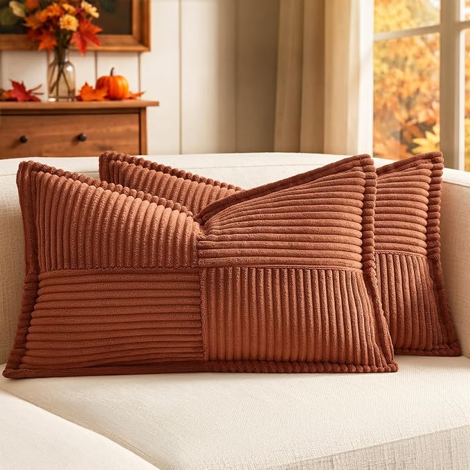 MIULEE Fall Rust Decorative Lumbar Throw Pillow Covers 12x20 Inch | 2 Pack, Terracotta Boho Broadside Striped Patchwork Pillow Covers, Soft Corduroy Cushion Cases, For Couch Sofa Bed Livingroom