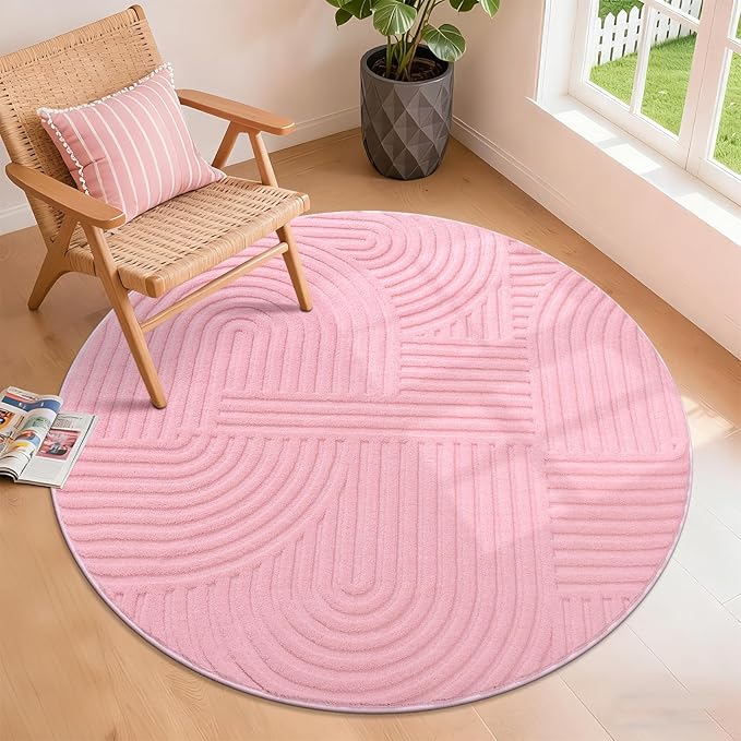 Pauwer 4ft Area Rugs for Living Room, Modern Non Slip Washable Rug, Pink | Arch Pattern, Soft Fluffy, Neutral, Boho Accent, Indoor Round Floor Carpet, For Kids Room Dining Room Nursery Entryway
