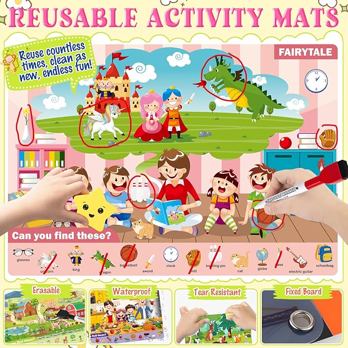 Seek and Find Books for Kids 4-6, Toddler Travel Toys, Preschool Learning Activities, Reusable Flashlight Activity Book for Car Airplane Road Trip, Educational Toys Birthday Gift for Kids