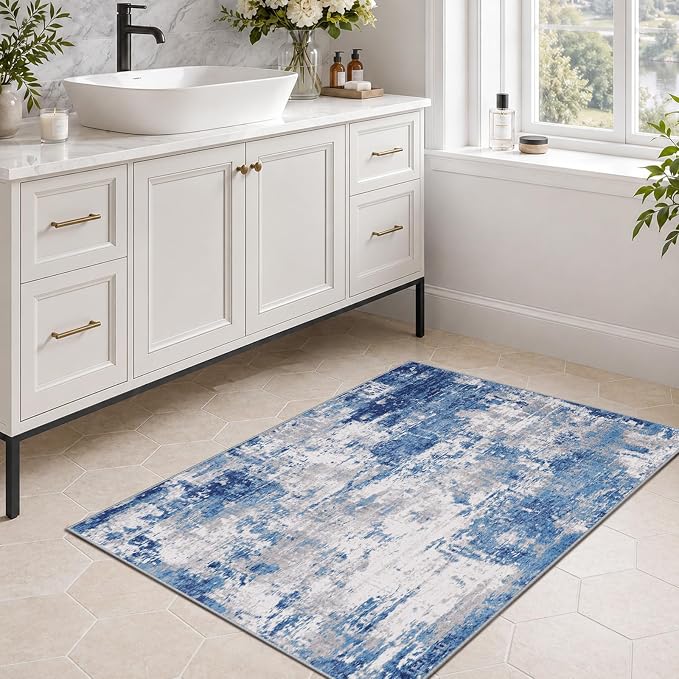 RELEANY Washable 3'x5' Abstract Area Rug for Living Room Blue Gray | carpet for bedroom, kitchen, office, hallway and entryway, printed pattern, non-slip, soft, stain-resistant, easy to clean