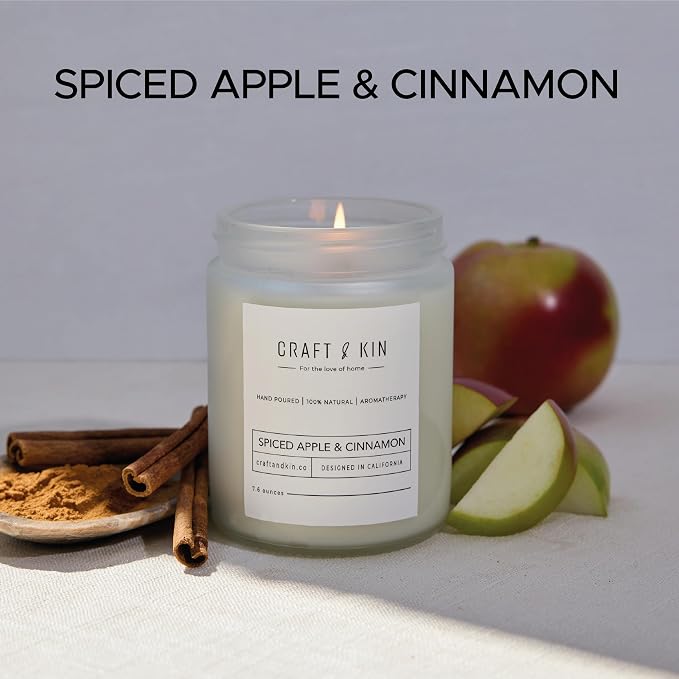 Craft & Kin Premium Apple & Cinnamon Scented Candle – Long Lasting, 45 Hour Burn Time – Luxury Natural Soy Scented Candle with Wood Wick – Room Decor and Aromatherapy – 8 oz
