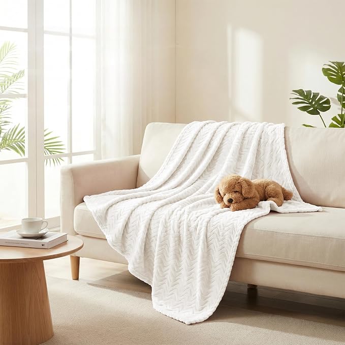 Exclusivo Mezcla Soft Fleece Blanket Queen Size for Bed, Sofa, Ivory | 90"x90" Breathable Lightweight Flannel Blanket for Summer, Plush Cozy Jacquard Wave for Home Decor