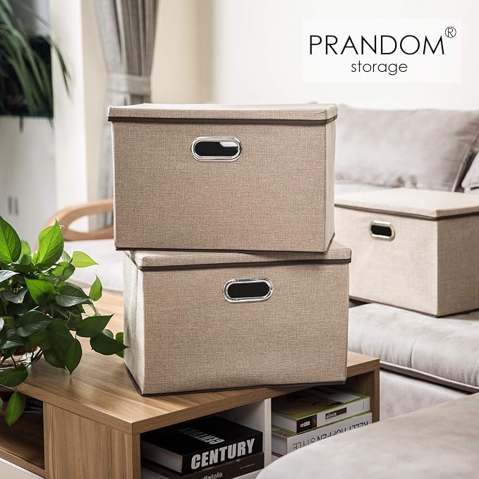 Large Collapsible Storage Baskets with Lids [5-Pack] Jute Fabric Foldable Storage Bins Boxes Organizer Containers Cube with Cover for Home Bedroom Closet Office Nursery (17.7x11.8x11.8)