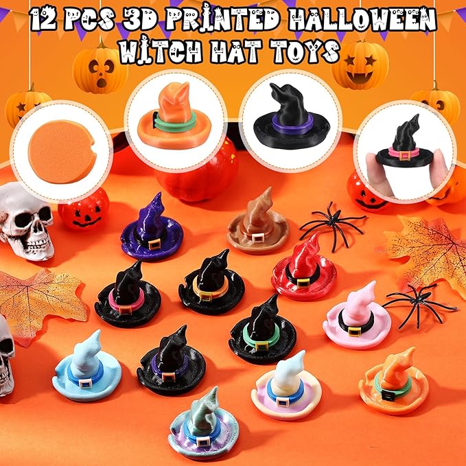 Honoson 12 Pcs 3D Printed Fidget 3D Printed Witch Hat Small Animal Flexible Cute Articulating Pet Stress Relief Fidget for Play and Display(5cm)