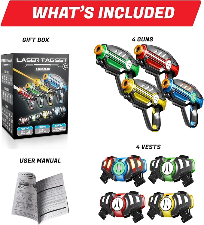 Laser Tag Set for Kids, Teens & Adults - 4 Blasters + 4 Vest Sensors with 4 Multi-Game Modes - Fun Ideas Age 8+ Year Old Toys - Lazer Teen Boy Games - Boys & Girls Outdoor Teenage Group Activities