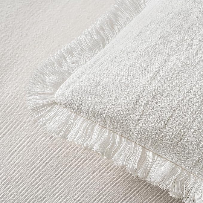 MIULEE Boho Linen Fringe Decorative Euro Throw Pillow Covers White 22x22 | Set of 2, Cottagecore Decor, Boho Farmhouse Neutral Pillow Covers, Rustic Couch Cushion Cases for Sofa Bed Living Room