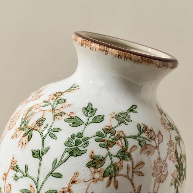 Green and Beige Antique Vase, 7.95" Vintage Chinoiserie Floral Vase, Modern Farmhouse Ceramic Vase for Home Decor, Living Room, Bookshelf, Office, Entryway, Garden, Chinoiserie Decor, Tuscan Decor