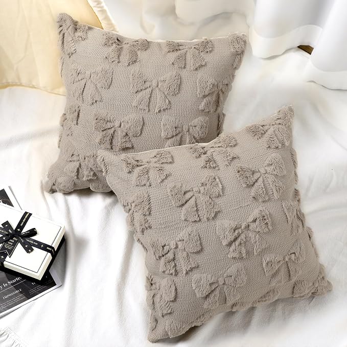 Mixweer Brown Bow Pillow Covers Set of 2 Preppy Room Decor Coquette Cute Spring Summer Decorative Faux Fur Soft Bowknot Stuff Fluffy Plush Aesthetic Pillowcase for Bed Sofa Couch (18 x 18 Inch)
