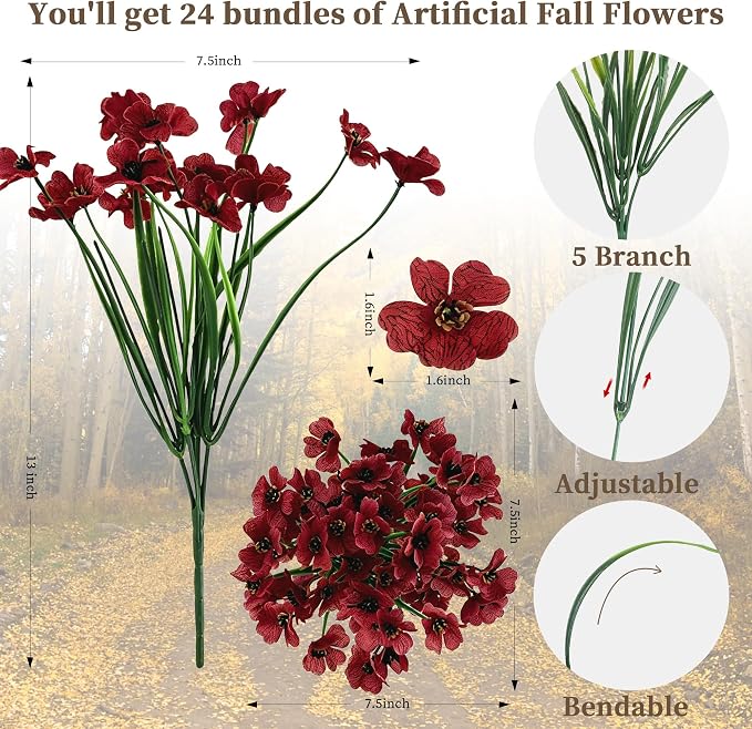ColoPlay 24 Bundles Burgundy Artificial Flowers for Outdoors Fake Plant Mum | Artificial Flowers for Outdoors/Indoors Fake Mums Flowers Plants for Outside Garden Porch Window Box Home Wedding Farmhouse