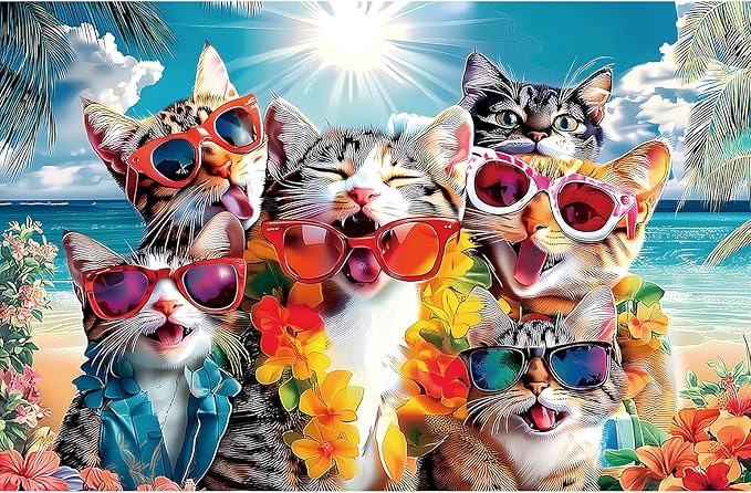 Cat 500-Piece Jigsaw Puzzle for Adults - Fun Beach Party Scene with Sunglasses & Leis - Unique Home Decor & Gift Idea - 23x15 Inch