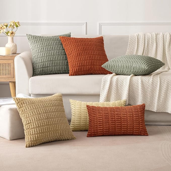 MIULEE Corduroy Decorative Throw Pillow Covers 20x20 Light Olive Pack of 2 | Green Soft Boho Striped Pillow Covers Modern Farmhouse Home Decor For Sofa Living Room Couch Bed