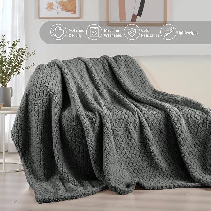 Exclusivo Mezcla Soft Fleece Twin Size Blanket for Bed, Dark Grey | Jacquard Lightweight Cozy Bed Blanket, Breathable Decorative Fuzzy Textured All Season Use, 60x80 Inches