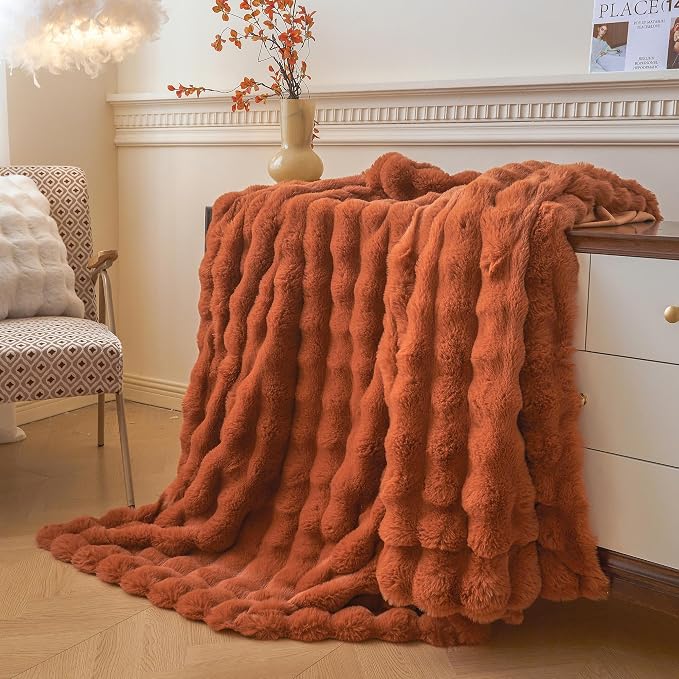 LIFEREVO Luxury Fluffy Faux Rabbit Fur Throw Blanket 60x80, Burnt Orange | Plush Fuzzy Bubble Lap Throw for Couch Sofa Office, Soft Cozy Furry Bed Blanket Home Decoration, Washable & Skin-friendly