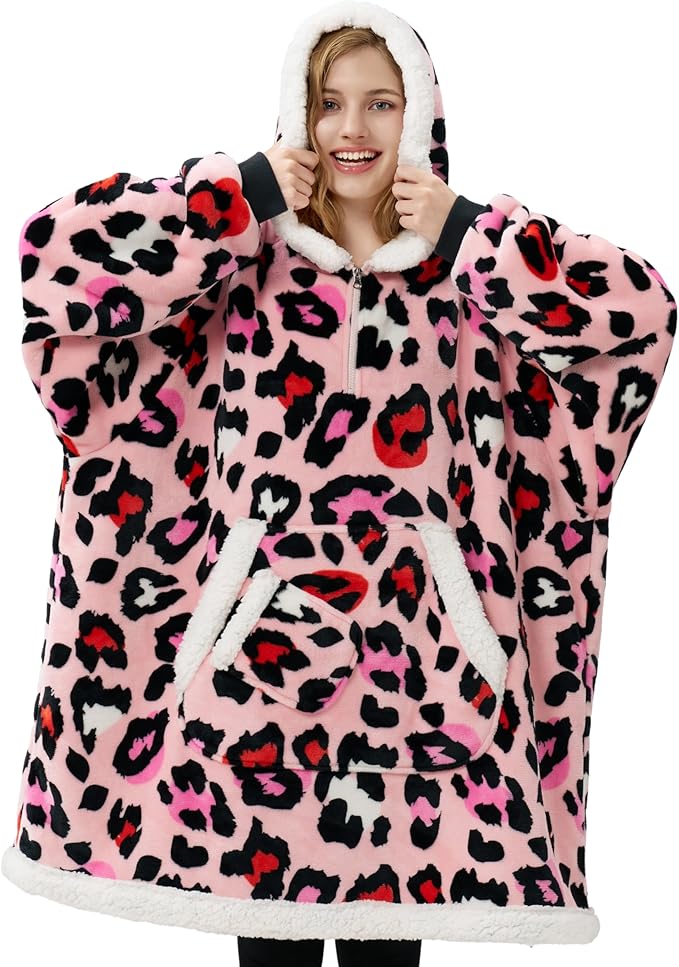Giggling Getup Wearable Blanket Hoodie for Adults Gifts for Teen Girls Sister Women Sherpa Fleece Printed Hooded Blanket Sweatshirt Warm Cozy with Pocket & Sleeves Pink Leopard