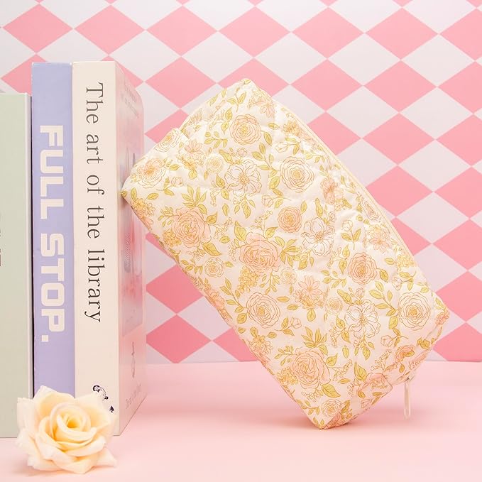 PAZIMIIK Small Quilted Makeup Bag,Zipper Cosmetic Pouch,Rose Beige | Lightweight Cosmetic Bag Organizer for Women,Purse Storage Holds Makeup,Toiletries,Skincare,Beauty Essentials,Travel Items