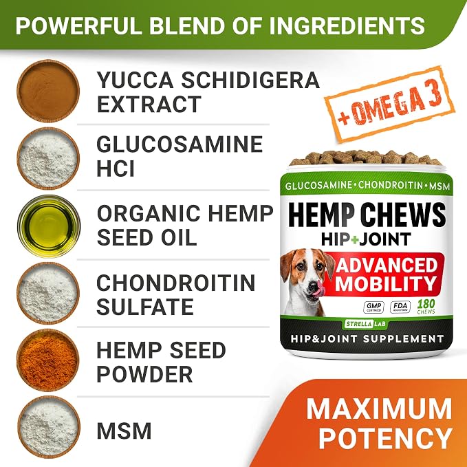 STRELLALAB Hemp Chews for Dogs - Hip & Joint Supplement with Glucosamine - Joint Pain Relief Treats - Omega 3, Chondroitin, MSM - Advanced Mobility Support - Chicken Flavor - 180 Ct - Made in USA