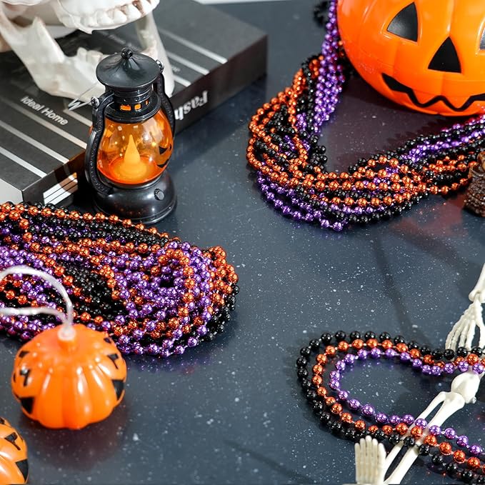 120 PCS Halloween Beads Necklaces, Purple Black Orange Party Beads 33'' Halloween Necklaces Accessories Party Stuff for Trick or Treat Decorations