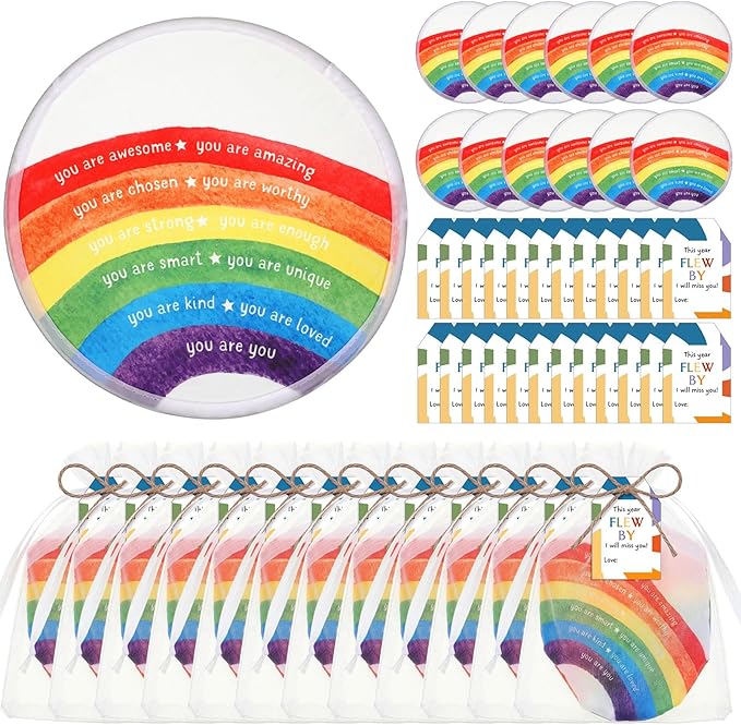 HyDren 18 Set End of The Year Gifts Rainbow Flying Disc Foldable Fans Bulk with Inspirational Card Organza Bag Beach Flying Disc for Fun Graduation Summer Birthday Party Favors Outdoor Activity Game