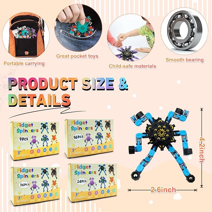 Transformable Fidget Spinners,Funny Stress Relief Sensory Fidget Toys,Deformable Chain DIY Robot Fingertip Gyros Toys Birthday Party Favors Easter Basket Stocking Stuffers for Kids and Adults (9PC)