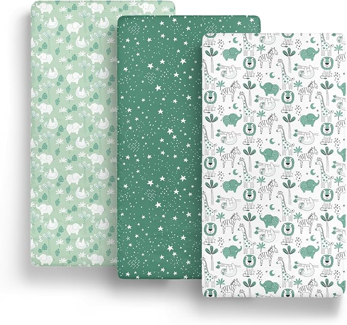 The Peanutshell 3-Pack Fitted Playard Sheets - Soft & Breathable Baby Boy or Girl Mini Crib Sheets, Pack N Play Mattress, Fits Standard Playard Pack Play Mattresses - Green Safari