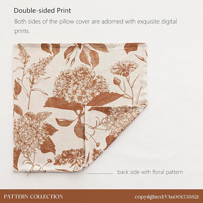 Foindtower Set of 2 Linen Floral Throw Pillow Covers Vintage Accent Print Decorative Cozy Cushion Covers Farmhouse Boho Home Decor for Sofa Chair Couch Bedroom Living Room,22×22 Inch,Autumn Orange