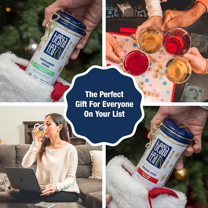 Tiesta Tea - Brewmaster and Cozy Fireside Tea Gift Set, Non-Caffeinated Loose Leaf Holiday Tea Blends with Infuser, Includes 16oz Tea Infuser & 2 Refillable Tins, Fireside Spice & Peppermint Cocoa