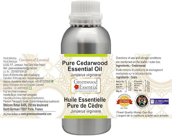 Greenwood Essential Pure Cedarwood Essential Oil (Juniperus virginiana) Steam Distilled 630ml (21.3 oz)