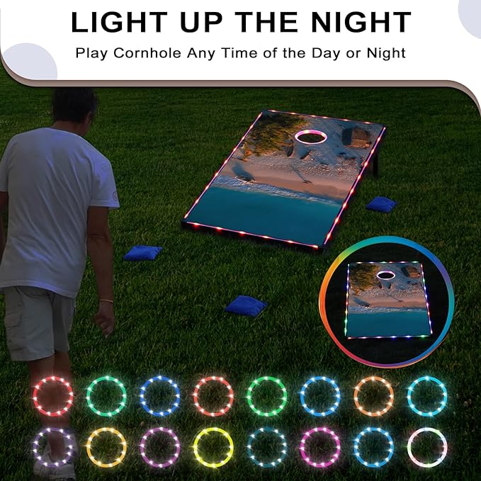 LED Cornhole Set, 3 x 2ft / 4 x2 ft Cornhole Board Game Set, Corn Hole Outdoor Game, Multi-Design with Light-Up Border, 8 Bean Bags, Carrying Case for Backyard, Beach, Lawn