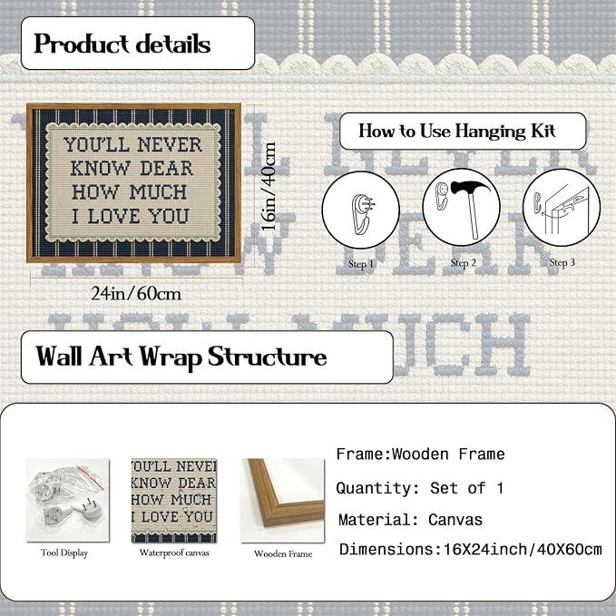 Framed You'll Never Know Dear How Much I Love You Wall Art, Vintage Nursery Blue Striped Pictures Wall Decor, Inspirational Quote Paintings Canvas Prints for Baby Boy Bedroom Living Room 16x24 inch