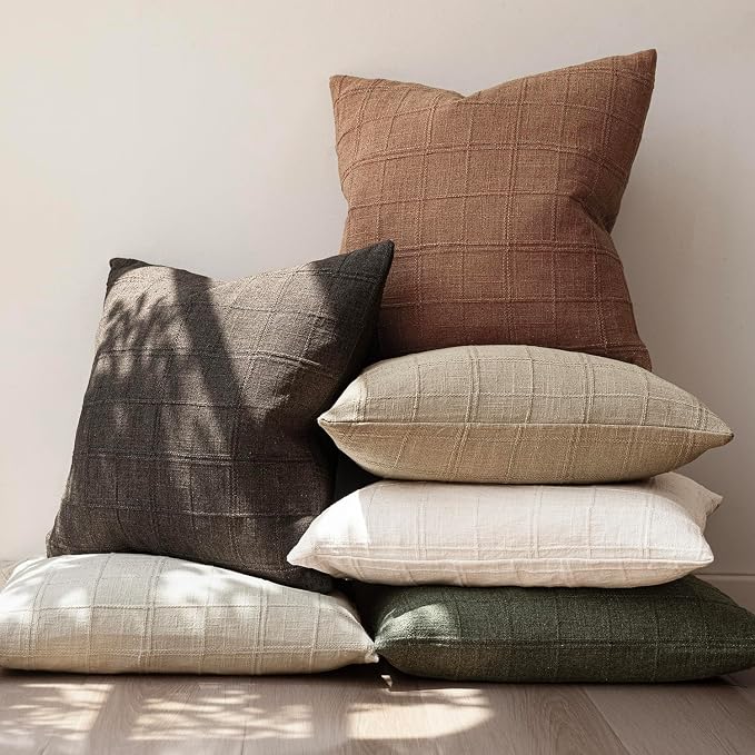 Foindtower Set of 2 Decorative Linen Check Throw Pillow Covers Neutral Farmhouse Vintage Cushion Covers Modern Boho Home Decor for Sofa Chair Couch Bedroom Living Room,22×22 Inch,Dark Brown