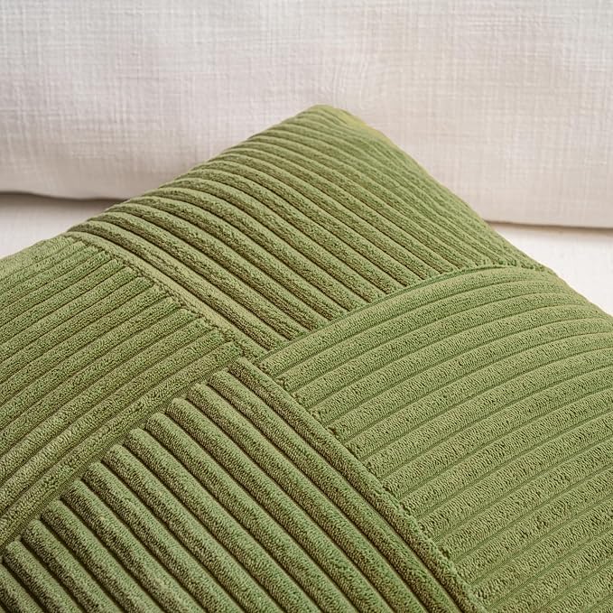 Fancy Homi 2 Packs Moss Green Long Lumbar Decorative Throw Pillow Covers 16x24 Inch for Couch Bed Sofa, Rustic Farmhouse Boho Home Decor, Soft Striped Corduroy Rectangle Accent Cushion Case 40x60 cm