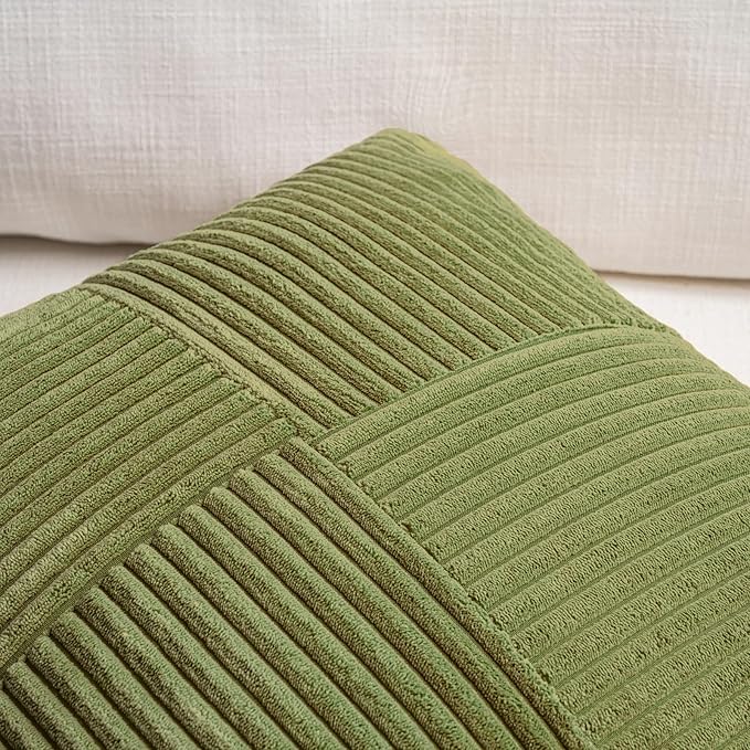 Fancy Homi 2 Packs Moss Green Long Lumbar Decorative Throw Pillow Covers 12x24 Inch for Couch Bed Sofa, Rustic Farmhouse Boho Home Decor, Soft Striped Corduroy Rectangle Accent Cushion Case 30x60 cm