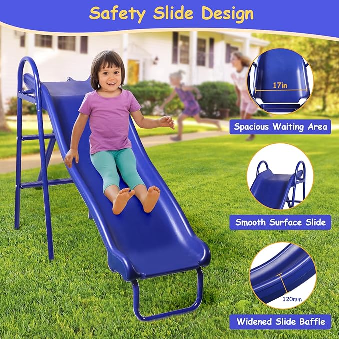 Lunafun Swing Set for Backyard with Kids Slide 440lbs Heavy-Duty Metal A-Frame 1 Saucer Swing Seat 1 Swings Seat & 1 Slide