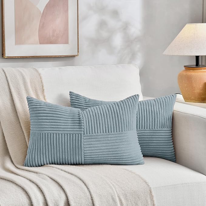 Fancy Homi Set of 2, Light Blue Patchwork Corduroy Decorative Soft Striped Modern Accent Cushion Case Farmhouse Boho Neutral Throw Pillow Covers for Chair Couch Bed Sofa Living Room 32x16 Inch