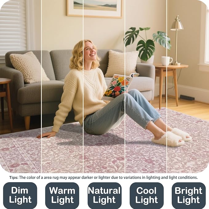 Vintage Pink Living Room Rug, 9x12 Washable Area Rugs for Dining Room Under Table, Soft Low Pile Large Carpet Bedroom, Non-Slip Boho Floral (9 x 12 Pink)