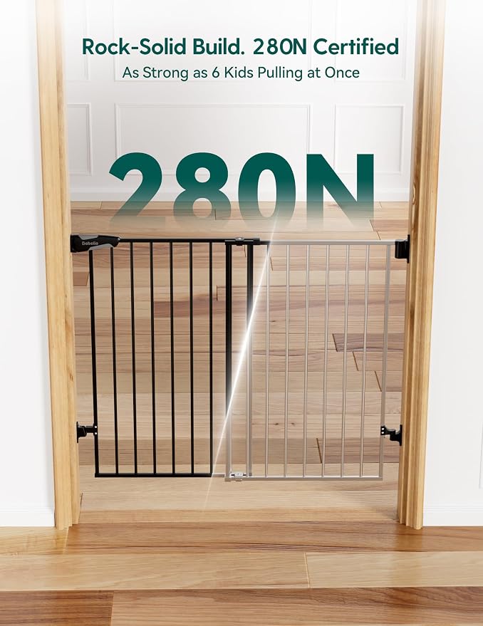 Babelio Baby Gate for Stairs, Kitchen & Doorways, No Bottom Bar| Easy Installation| One-Handed Operation| Auto-Close| Hardware Mount (Drill Needed) Safety Dog Gate (Black - B17, 29-49" W, 28" H)