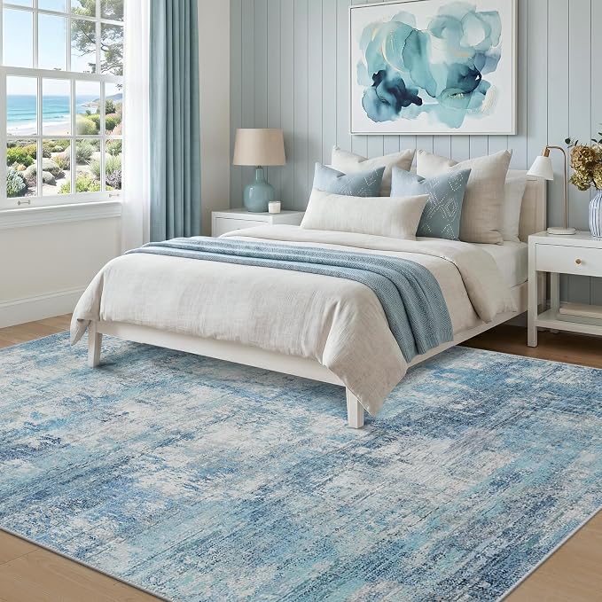 RELEANY Washable 5'x7' Abstract Area Rug for Living Room Teal Blue | carpet for bedroom, kitchen, office, hallway and entryway, printed pattern, non-slip, soft, stain-resistant, easy to clean