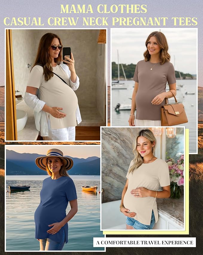 Ficerd 3 Pack Women's Maternity T Shirts, Short Sleeve Side Split Pregnancy Tops Casual Crew Neck Pregnant Tees Mama Clothes