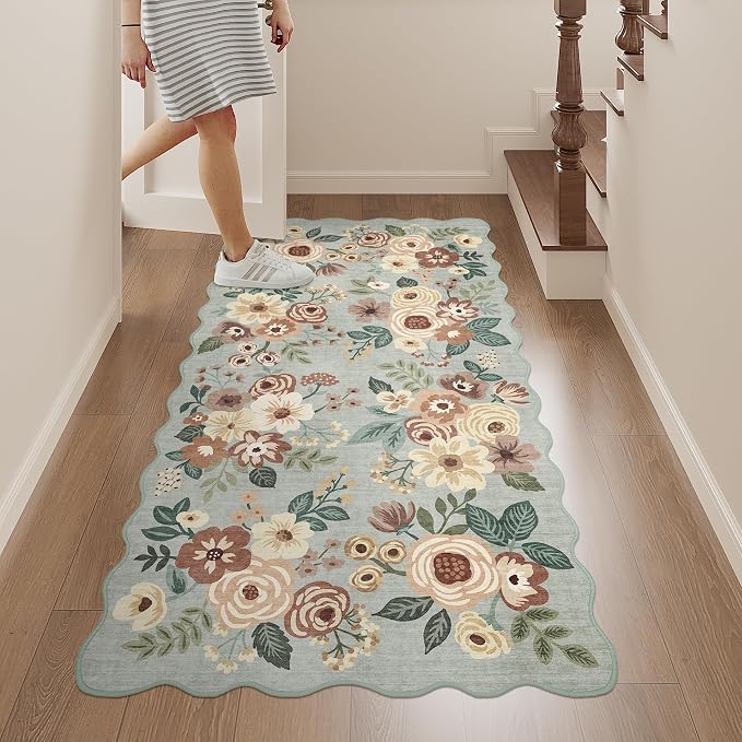 DUKINO 2x4 Rug for Entryway, Floral Washable Kitchen Rugs, Sage Green | Non Slip, Low Pile, Soft Throw Runner Rug for Hallway, Bedroom, Bathroom, Laundry, Pet Friendly, Home Decor, Stain Resistant