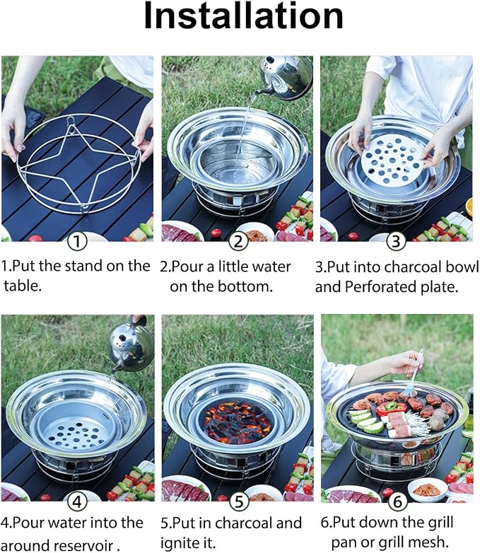 Korean BBQ Grill Charcoal 13.7 Inches Stainless Steel Portable Barbecue Grill and 4 PCS Korean BBQ Tongs