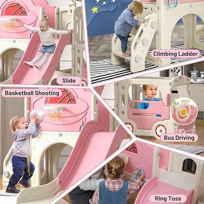 NYEEKOY 9 in 1 Toddler Slide, Bus-Themed Kids Slide and Climber Playset with Basketball Hoop, Ring-Toss, Car Playhouse, Toy Telescope, Freestanding Indoor and Outdoor Playground for Baby Age 3+