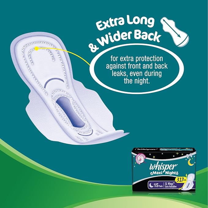 Whisper Maxi Nights Sanitary Pads for Women, XL, Pack of 15 Napkins