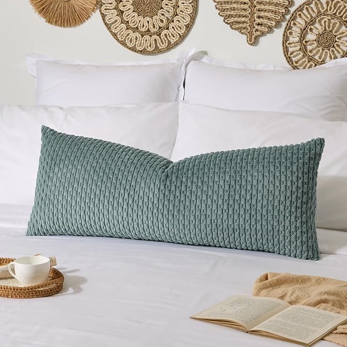 Kevin Textile Soft Corduroy 20"x54" Body Pillow Cover 1 Pack, Teal Green | Boho Stripe Plush Corduroy Decorative Oblong Cushion Cover Modern Farmhouse Home Decor for Sofa Couch Bed Chair